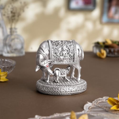 Image of Svastika 999 Silver Plated Kamdhenu Cow with Calf Idol | 3.5 Inch Kamadhenu Gomatha Vastu Showpiece | Kaamdhenu Idol for Puja | Anniversary Wedding Housewarming Gift