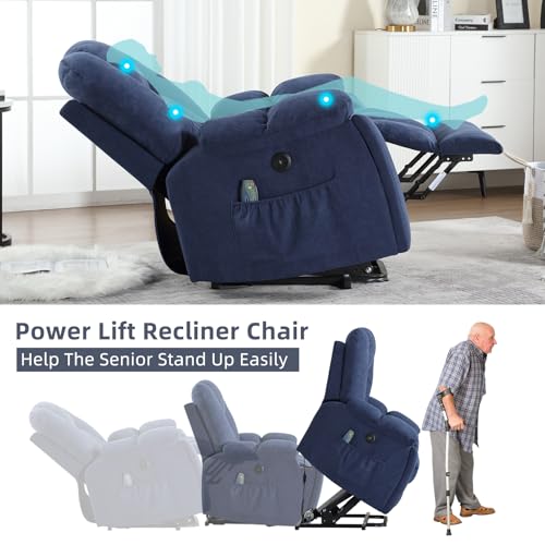 Image of CANMOV Power Lift Recliner Chair with Massage and Heat for Elderly, Overstuffed Wide Recliners, Heavy Duty and Safety Motion Reclining Mechanism with USB Ports, 2 Concealed Cup Holders, Navy Blue