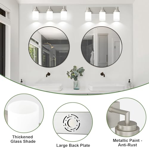 Image of Bathroom Light Fixtures, Brushed Nickel Bathroom Lighting Fixtures Over Mirror, Modern Vanity Light with White Glass Shade, Restroom Lighting Fixtures, 3-Light 22-inch