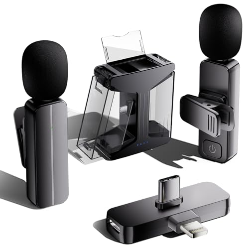 2 Pack Wireless Mini Lavalier Lapel Microphone for iPhone,Android Phone(2 in 1) w/case - 65ft Cordless Clip on Dual Mics with Noise Reduction 6H Working Time for Video Recording Vlogging, YouTube