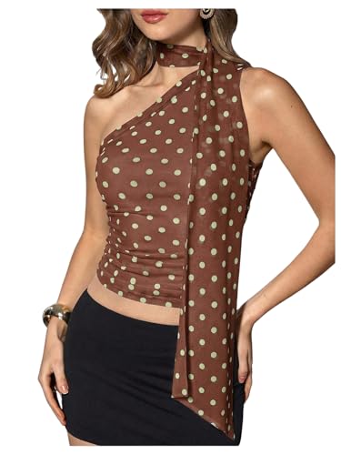 Image of RoseSeek Women's Y2K Leopard Polka Dots Halter Asymmetrical Neck Crop Tops | One Shoulder, Slim Fit, Sleeveless, Cheetah Print, Summer Tops, Scarf Tops, Party, Going Out Tops