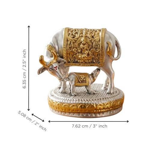 Image of eCraftIndia Silver Golden Plated Kamdhenu Cow with Calf Idol | Auspicious Vastu Home Decor for Pooja Room and Mandir | Cow and Calf Statue Gift for Diwali Krishna Janmashtami Housewarming Birthday