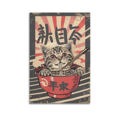Pinturas de lienzo con diseño de gato y ramen para dar un toque acogedor a tu dormitorio y sala