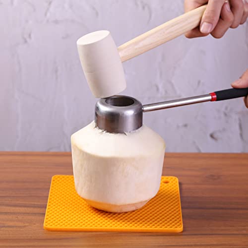 Coconut Opener Tool Set, Stainless Steel Coco Nut Opener Kit, Safe & Easy Tool To Open Young & Mature Coconuts, White Rubber Mallet, Coconut Meat Scraper, Reusable Straws And Silicone Mat #TOP1