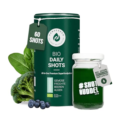 Hansegrün - Bio Daily All-in-one Shots (60 Stk.) - Superfood-Pulver für Immunsystem¹, Anti-Müdigkeit², Haut⁷ & Zähne⁴ - Antioxidative Wirkung⁵ - 100% echte Zutaten zur schnellen Zubereitung