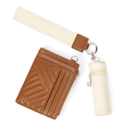 BOSTANTEN Keychain Wallet RFID Leather Credit Card Holder Wristlet Wallets for Women with Coin Purse ＆ Lipstick Case Beige＆Brown