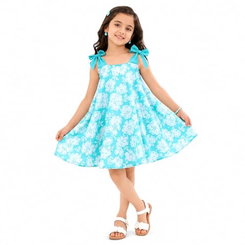 Image of The Magic Wand Kids Girls Printed Casual Dresses, Knee Length Singlet Strap Fit & Flared Cotton Once Piece Stylish Frocks for Summer Season