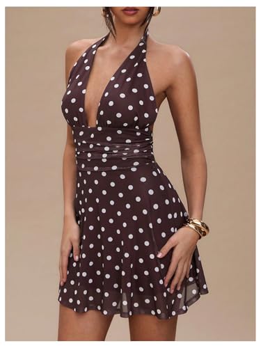 Milumia Women's Polka Dots Ruched Backless Halter Mini Dress Sexy Deep V Neck A Line Short Dresses2