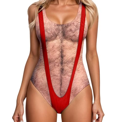 Damen Badeanzug mit 3D Fälschung Brusthaar Drucken Lustige Bademode...