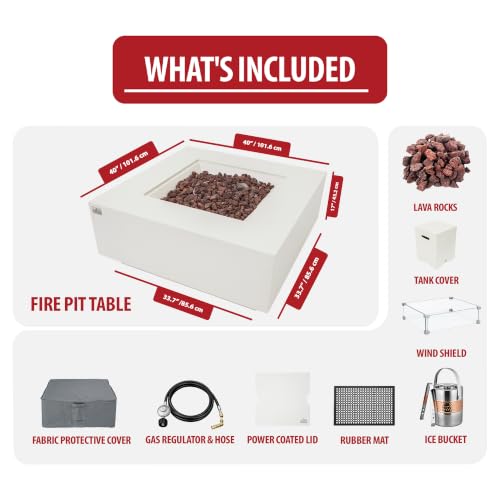 Image of AMS Creations | Brooklyn 40 inch Bundle Square Propane Gas Outdoor Fire Pit Table | Cream White Concrete GFRC Smooth Texture Surface Fire Pit Table