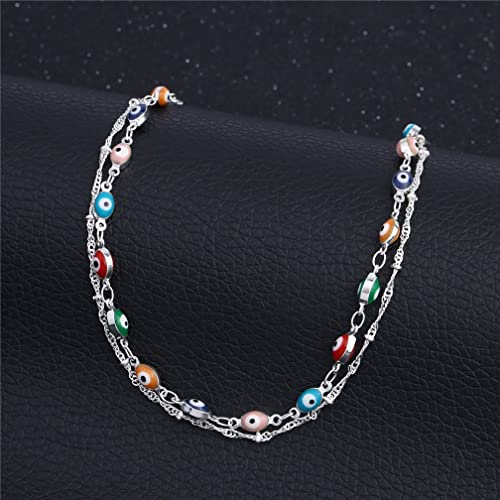Descount Silver Plated Double Layered Multi-Colored Evil Eye Anklet,Friendship Foot Chain Ankle Bracelet For Women #TOP5