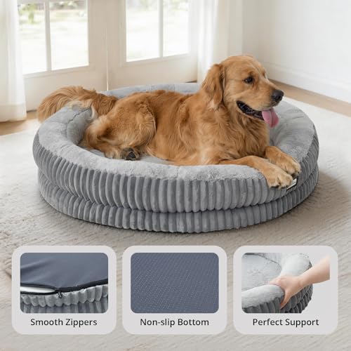 Image of BALANCE Donut Dog Bed, 43 Inches Round Dog Bed Extra Large Size Dogs Washable, Orthopedic Calming Dogs Beds for Kitten, Fluffy Plush Faux Fur Pet Bed with Anti-Slip Bottom