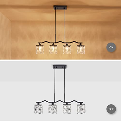 Image of WUZUPS Crystal Chandelier 4-Light Linear Raindrop Pendant Ceiling Light Modern Lighting Fixture for Bedroom Dinning Room Bar Kitchen Island, H8.7'' W4.7'' L30.5, E12 Base, Black