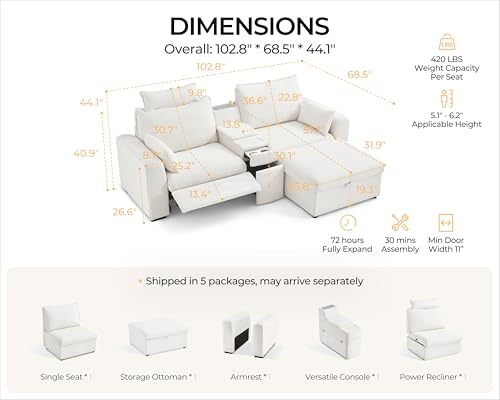 Image of 102.8'' Loveseat Power Recliner Sofa with Headrest, Oversized Cloud Modular Sectional Couch with Table, Drawer, Charging, 3-Seater with Storage Ottoman for RV Home Theater, Chenille, White