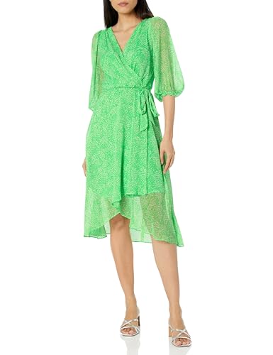 Image of DKNY Women's Chiffon Balloon Sleeve Faux Wrap Midi Dress with High-Low Hem