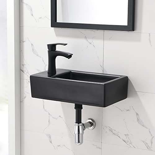 Black Corner Bathroom Sink Wall Mount-Bokaiya 18 Inch Small Narrow Space Corner Sink Matte Black Porcelain Ceramic Cloakroom Mini Vanity Bathroom Sink And Faucet Combo, Left Hand #TOP5