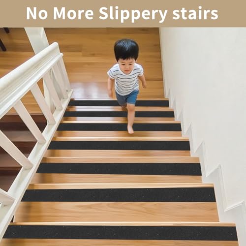 Image of Black Anti-Slip Stair Treads Tape2 x50FT Heavy Duty PVC Non-Skid Grip Tape for Wooden Steps, Indoor /Outdoor Stairs, Pool Decks - Peel & Stick Waterproof Safety Traction