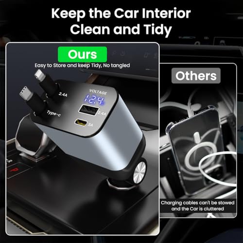 Image of Retractable Car Charger 4 in 1 Car Fast Charger 66W with Dual Retractable Cables & USB Port Compact Design for Efficient Charging Car Mobile Charger Fast Charging