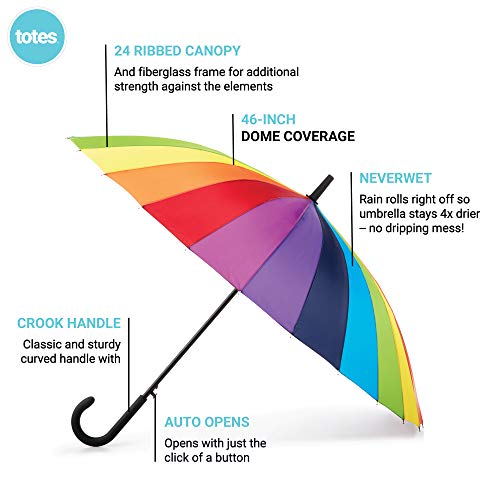 totes Large Eco Auto-Open 24 Rib Stick Umbrella with a Classic J Hook Curved Handle and water repellant - Image 3
