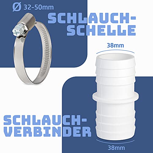 Villkin 2 x hose connectors with 4 x hose clamps for the pool hose nozzle in pack of 2 (38 mm x 38 mm, white) - Image 4