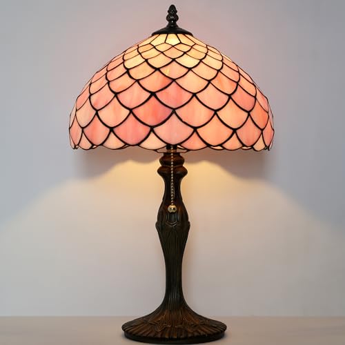 Image of Tiffany Table Lamp Stained Glass Reading Lamp Pink Fishscales Style