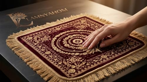Image of Premium Prayer Mat /Aasan for Home Temple & Meditation | Soft Velvet Touch Cushioned Pooja Mat with Tassels | Washable Floor Rug for Mandir, Yoga, Sitting Mat | 20 x 20 Inch (RED)