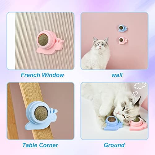 XINRUI 2 Pcs Catnip Balls Toy for Cat, Wall Catnip Roller for Cat Licking, Teeth Cleaning Dental Edible Kitten Toy, Snail Pattern Natural Rotating Cat Toy, Blue and Pink