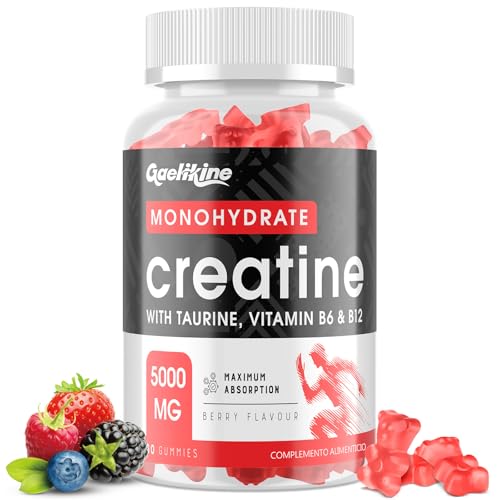 Gominolas de Creatina Monohidratada, Máxima Potencia con L-Taurina, B12 y B6, Potenciador Preentrenamiento Fácil, Más Práctico que el Polvo, Sabor a Bayas, Vegano, 60 Unidad (Paquete de 1)