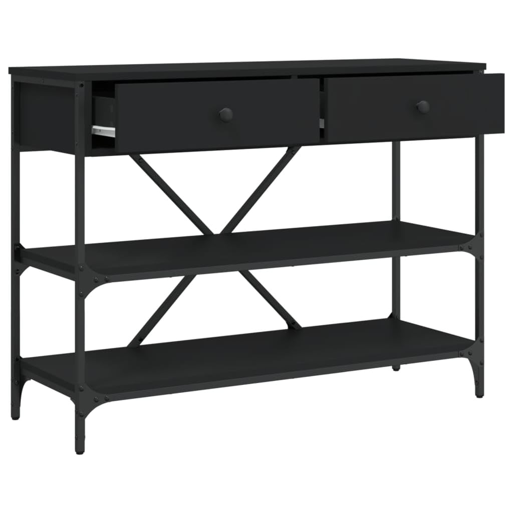 Stół Konsola Inżynieria Drewniany Czarny 2 Szuflady 2 Półki | Solidna stalowa rama, praktyczne przechowywanie, montaż na ścianie, do salonu lub wejścia