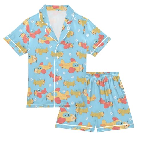 Aircraft Cartoon Pattern Summer Pajamas Set Soft Satin Pjs Sets 2 Piece Short Sleeve Sleepwear Casual Clothes