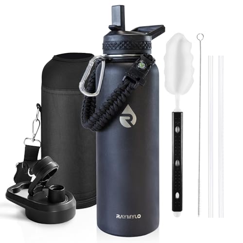 RAYMYLO Insulated Water Bottle 40 oz, Triple Wall Vacuum Stainless Steel (Cold for 48 Hrs), Leak Proof & Non-BPA, Modern Water Flask Jug with Paracord Handle & Straw Spout Lids, Magic Black