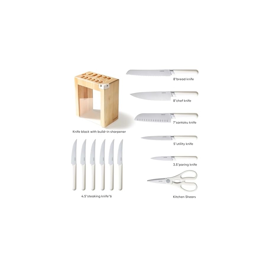 CAROTE-14PCS-Knife-Set-with-Acrylic-Block-Kitchen-Knives-with-Built-in-Sharpener-Cutlery-Set-with-High-Carbon-Stainless-Steel-Sharp-Blade-Dishwasher-Safe-White CAROTE 14PCS Knife Set with Acrylic Block, Kitchen Knives with Built-in Sharpener, Cutlery Set with High Carbon Stainless Steel Sharp Blade, Dishwasher Safe, White