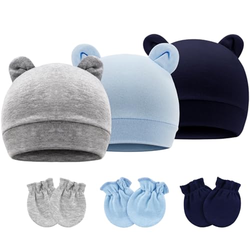 Image of BQUBO Newborn Baby Hats Mittens Set Hospital Hat Beanie Bear Ears Preemie Infant Cotton Caps Gloves No Scratch Mittens for Baby Boys Girls 0-3 Months