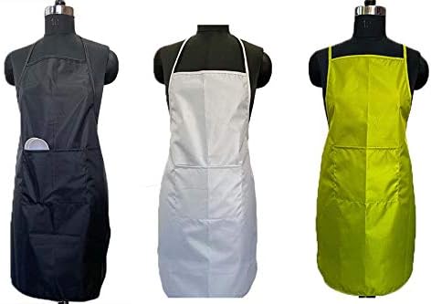 Lushomes Waterproof Light Kitchen Apron for Adults with Pocket while dishwashing, lab Work, Dog walking with Vinyl Quoting (Yellow, White, Black-Pack of 3, Size 22 x 32”)