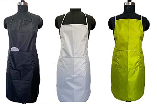 Lushomes Waterproof Light Kitchen Apron for Adults with Pocket while dishwashing, lab Work, Dog walking with Vinyl Quoting (Yellow, White, Black-Pack of 3, Size 22 x 32”)