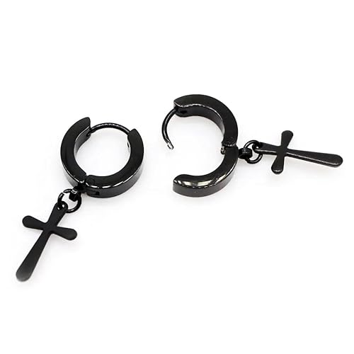Brincos Masculino Argola Cruz Aço Inox Legitimo Hype Preto