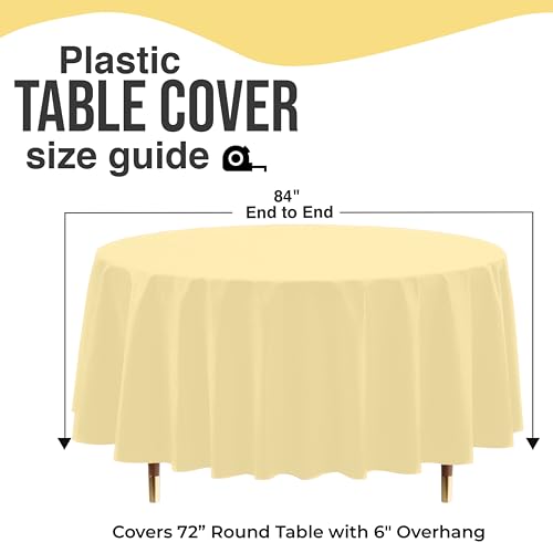 Image of Exquisite 66% Thicker Premium Light Yellow Round Tablecloth 0.5 Mil 24 Pack Plastic Table Cloth Disposable 84 Inch Round Plastic Tablecloth Won't Tear Easily Like Cheap Thin Brands