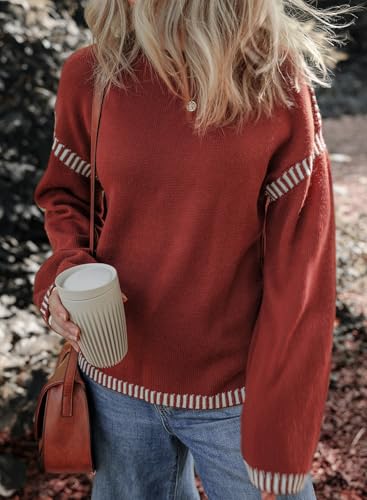 Image of Dokotoo Sweaters for Women Fashion Solid Crewneck Loose Fit Long Sleeve Contrast Cable Knit Pullover Sweater Jumper Tops