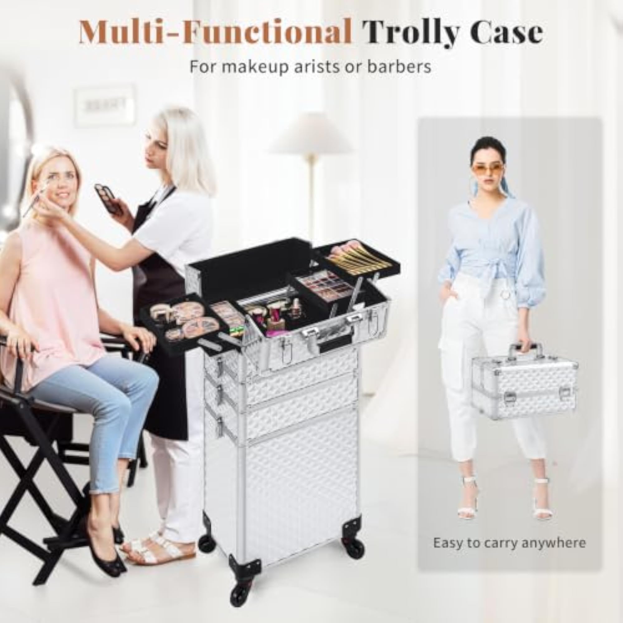 Rolling Makeup Train Case, Large Storage Trolley