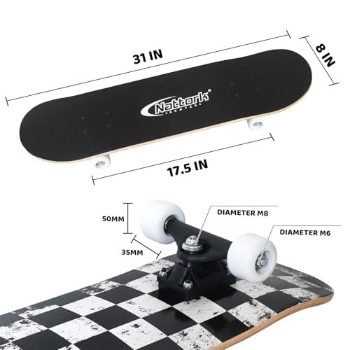 Image of Nattork 31 Inch Complete Skateboard, Standard Skateboards for Beginners, Wood 9 Layer Canadian Maple Trick Skate Boards for Boys Girls Youth Teens Adults