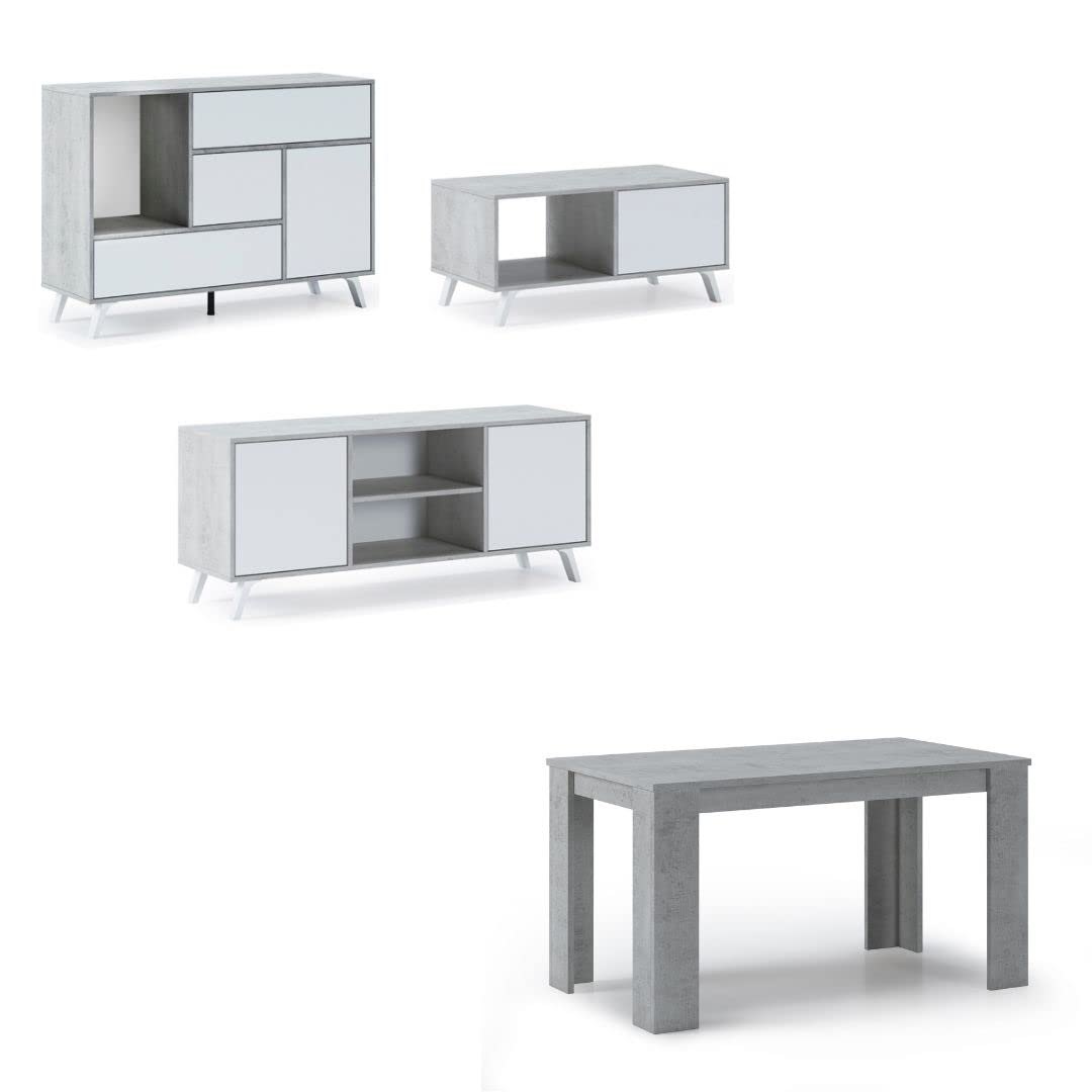 Ensemble Salon Wind - Buffet + Meuble TV + Table Basse - Style Moderne - Finition Ciment/Blanc