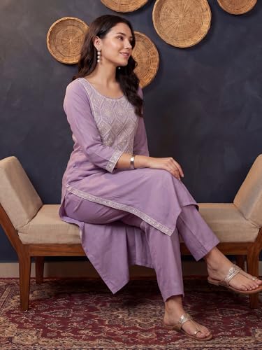 Image of INDO ERA Women's Silk Blend Geometric Embroidered Thread Work Kurta & Pant Set | Co Ord Set For Women Stylish