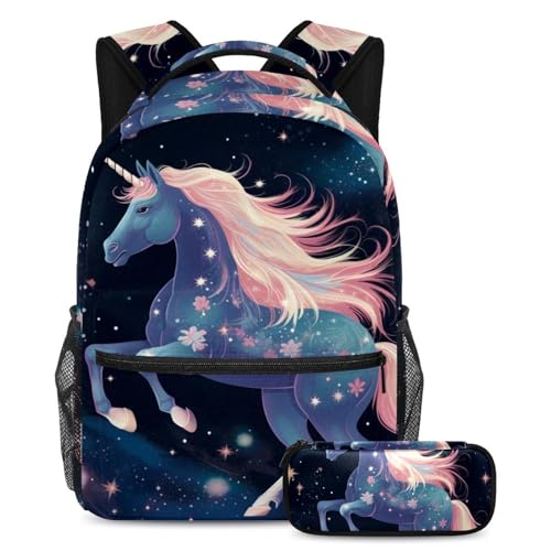 Sac à dos licorne étoilée 2 pièces avec trousse pour l'école et les voyages des élèves