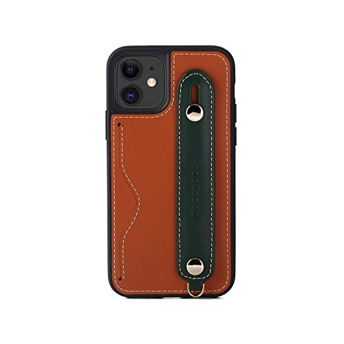 iPhone12 mini ケース 本革 グリップケース レザー ストラップ付属 イタリア製牛革 ヌメ革 片手操作 カード収納 スタンド機能 メンズ レディース ブラウン/グリーン CGH-12Mini-Brown-GN