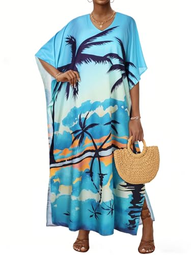 Image of Kaftan Dresses for Women V Neck Caftan Batwing Sleeve Swimsuit Cover Up | JILUVIN Plus Size Beach Swimwear Dress, Loose Fit Maxi Print Moomoo, Casual Mumu Nightgown Mrs Roper Costumes Vocation 2026