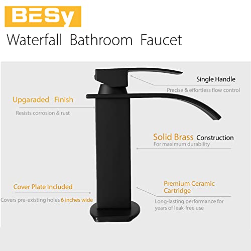 Besy Brass Black Waterfall Spout Bathroom Faucet, Single Hole Single Handle Bathroom Sink Faucet, Rv Lavatory Vanity Faucet With Deck Plate, Brass, Matte Black #TOP4