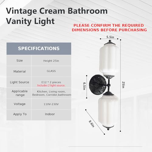Image of Vintage Milk Glass Bathroom Vanity Light - 2-Light Wall Sconce with Brass Finish Base & Green Glass Shade - Wall Sconce Lighting for Mirror, Kitchen, Living Room, Gallery (Bulbs Included) (white)