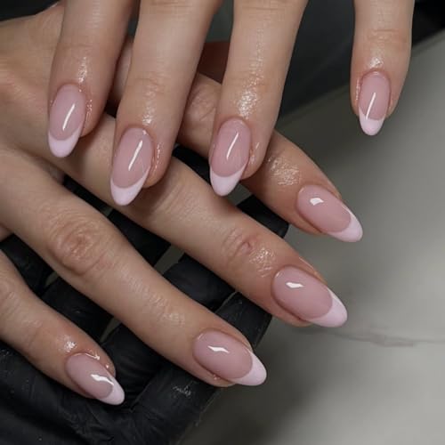 Image of Soft Pink French Tip Press on Nails Medium Almond Fake Nails with Glossy Nude Full Cover Stick on Nail for Women NBNTGH Manicure 24Pcs