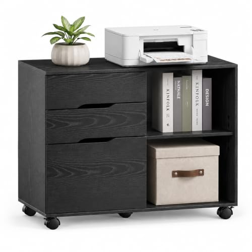 Image of Simple Deluxe 3 Drawer Rolling File Cabinet, Wood Printer Stand with Adjustable Shelf for Home Office Study Organizatiom, Black