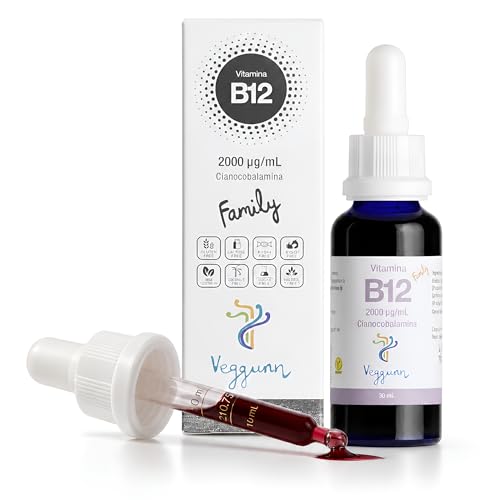 VEGGUNN - Vitamina B12 Familiy - Bote de 30 ml. Vitamina B12 Sublingual - 2000 mcg por mililitro, Natural, con Certificado Vegano - Vitaminas para el Cansancio con Suministro para 30 Semana